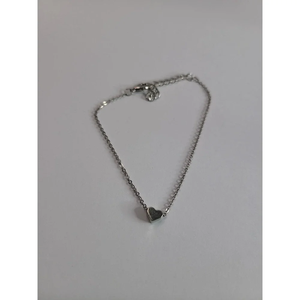 Silver-Tone Dainty Heart Charm Chain Bracelet or Anklet Adjustable Minimalist